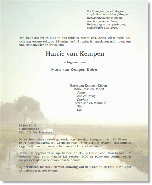 Rouwbrief Harrie van Kempen